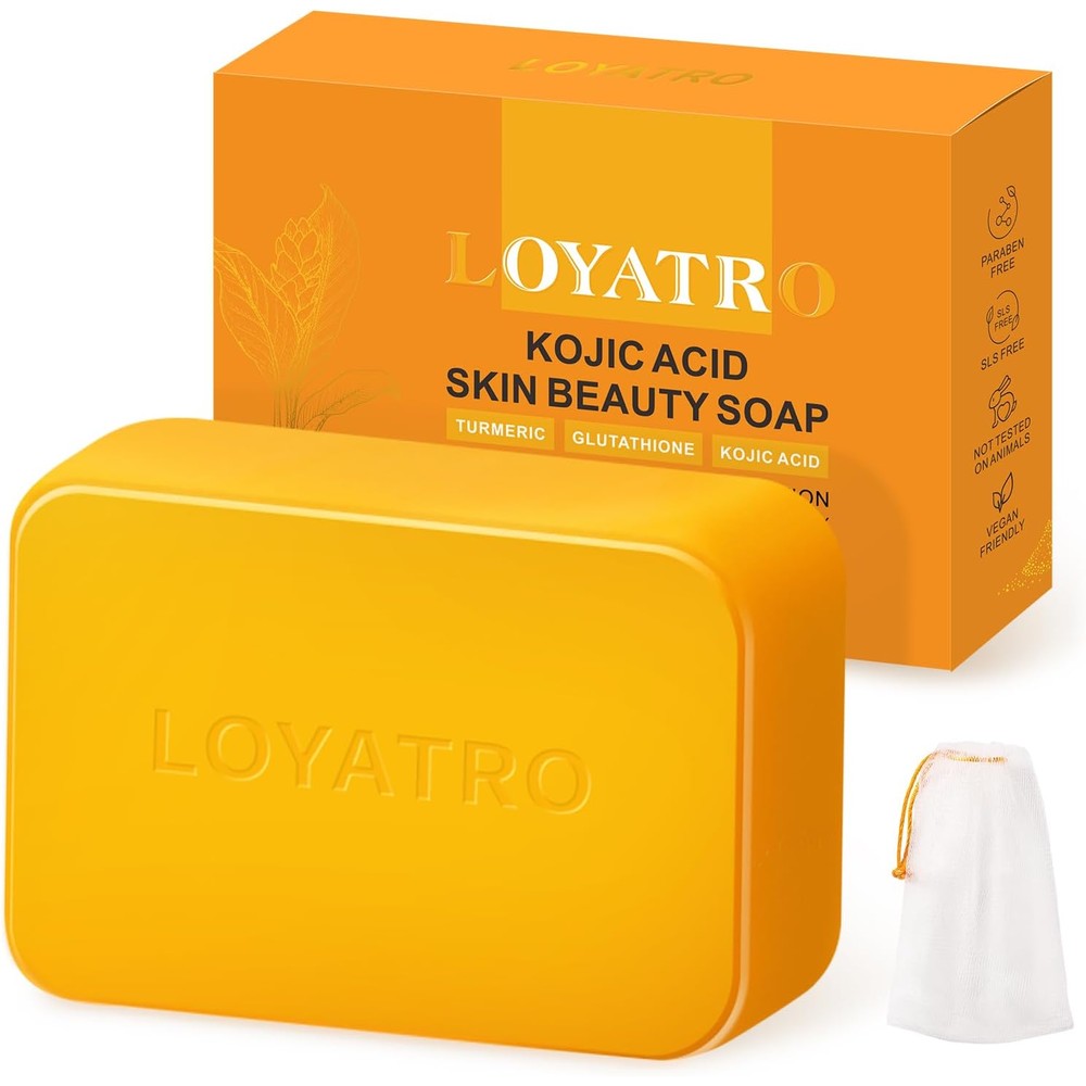 LOYATRO Kojic Acid Turmeric Soap Bar front view packaging for dark spot removal