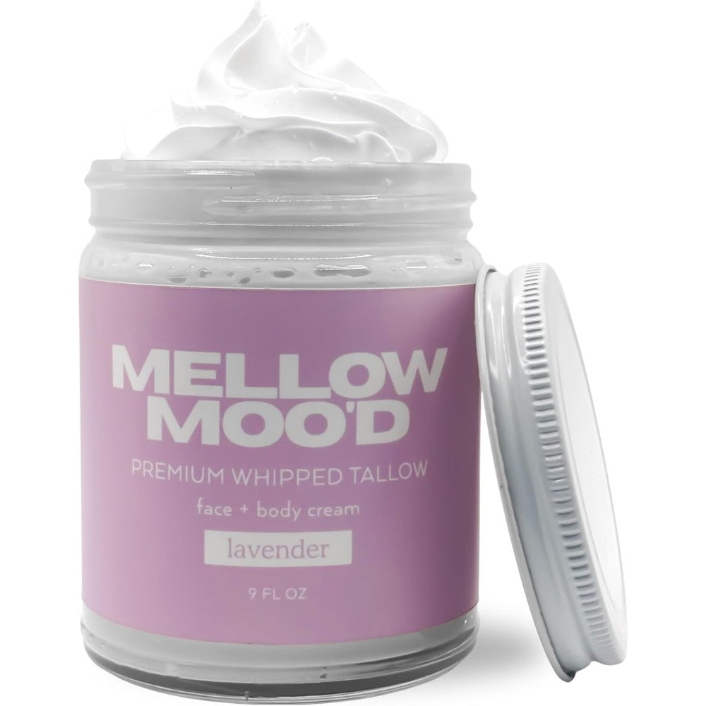 Mellow Mood Whipped Grass Fed Beef Tallow Lavender cream front jar view for deeply moisturizing sensitive skin.