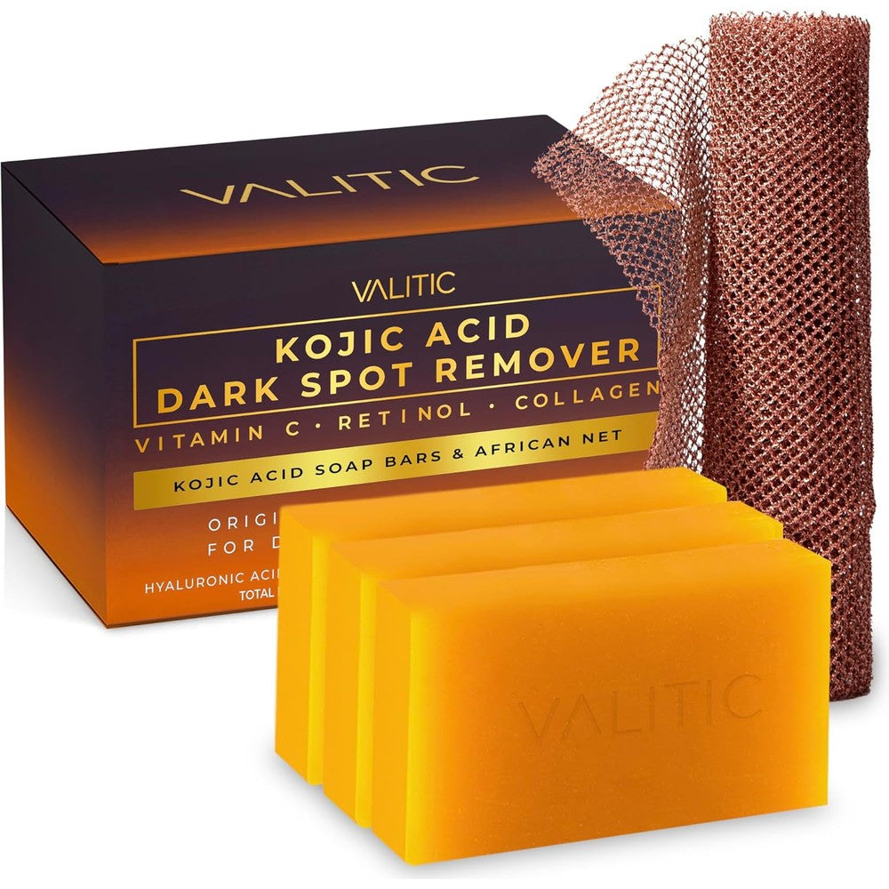 VALITIC Kojic Acid Dark Spot Remover Soap 3 pack bundle front view showcasing the packaging and original Japanese complex bars.