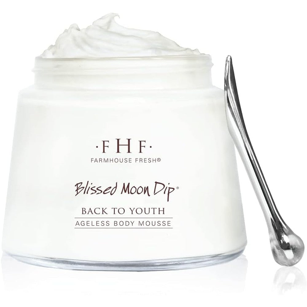 FarmHouse Fresh Blissed Moon Dip Ageless Body Mousse jar front view for firming skin care.