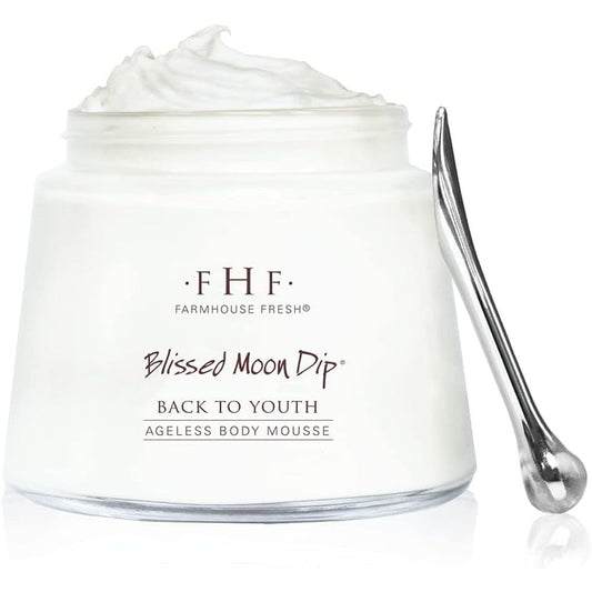 FarmHouse Fresh Blissed Moon Dip Ageless Body Mousse jar front view for firming skin care.