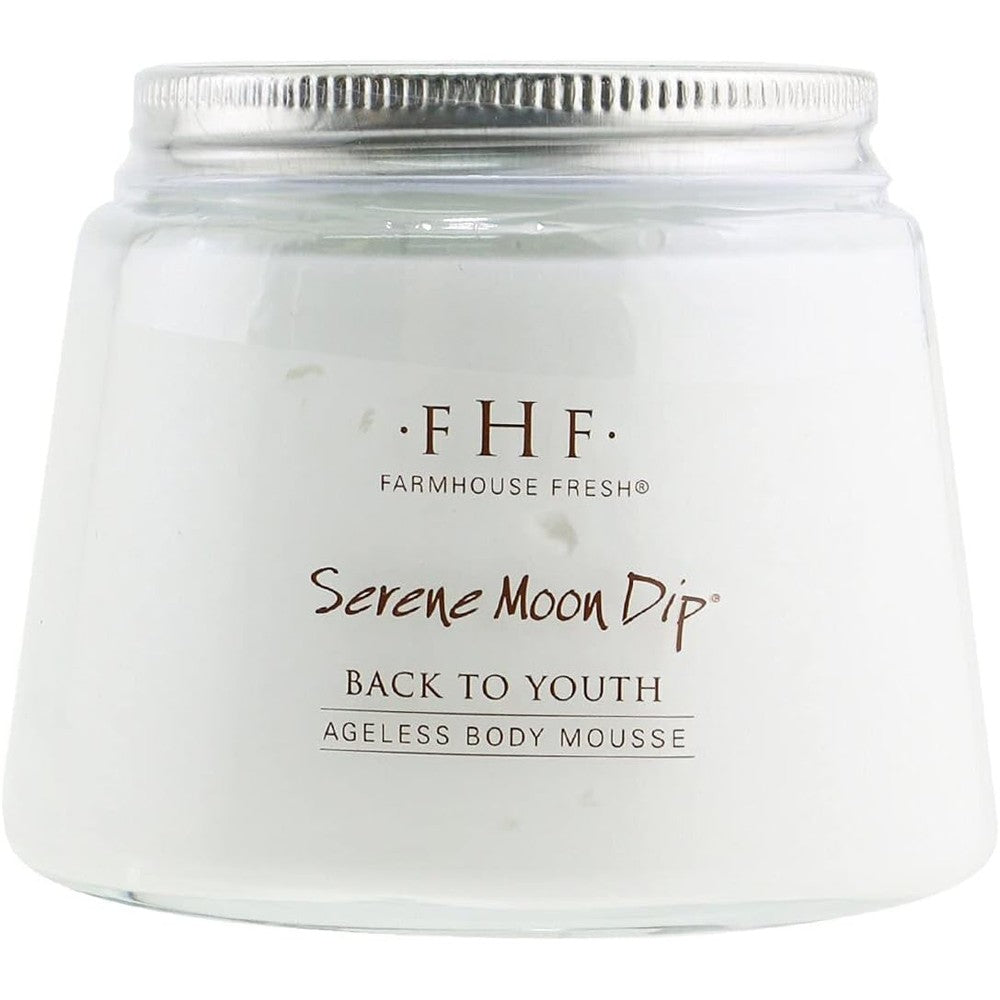 FarmHouse Fresh Serene Moon Dip Body Mousse front view of white glass jar with silver metal lid