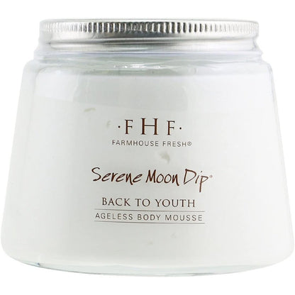 FarmHouse Fresh Serene Moon Dip Body Mousse front view of white glass jar with silver metal lid