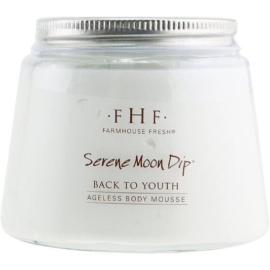 FarmHouse Fresh Serene Moon Dip Body Mousse front view of white glass jar with silver metal lid