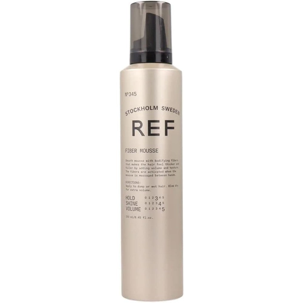 REF Stockholm Sweden Fiber Mousse Number 345 bottle front view for professional volumizing hair styling