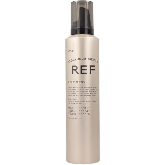 REF Stockholm Sweden Fiber Mousse Number 345 bottle front view for professional volumizing hair styling