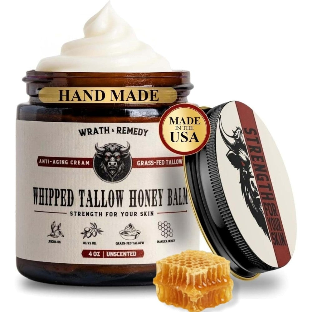 Wrath and Remedy Organic Beef Tallow Whipped Honey Balm unscented moisturizer front jar view