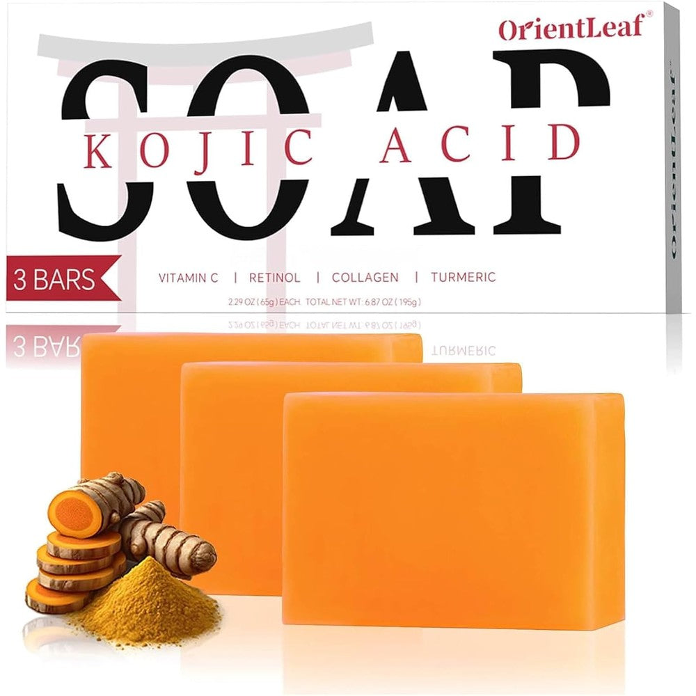 OrientLeaf Kojic Acid and Turmeric Soap Bar 3 pack front packaging view for dark spot removal