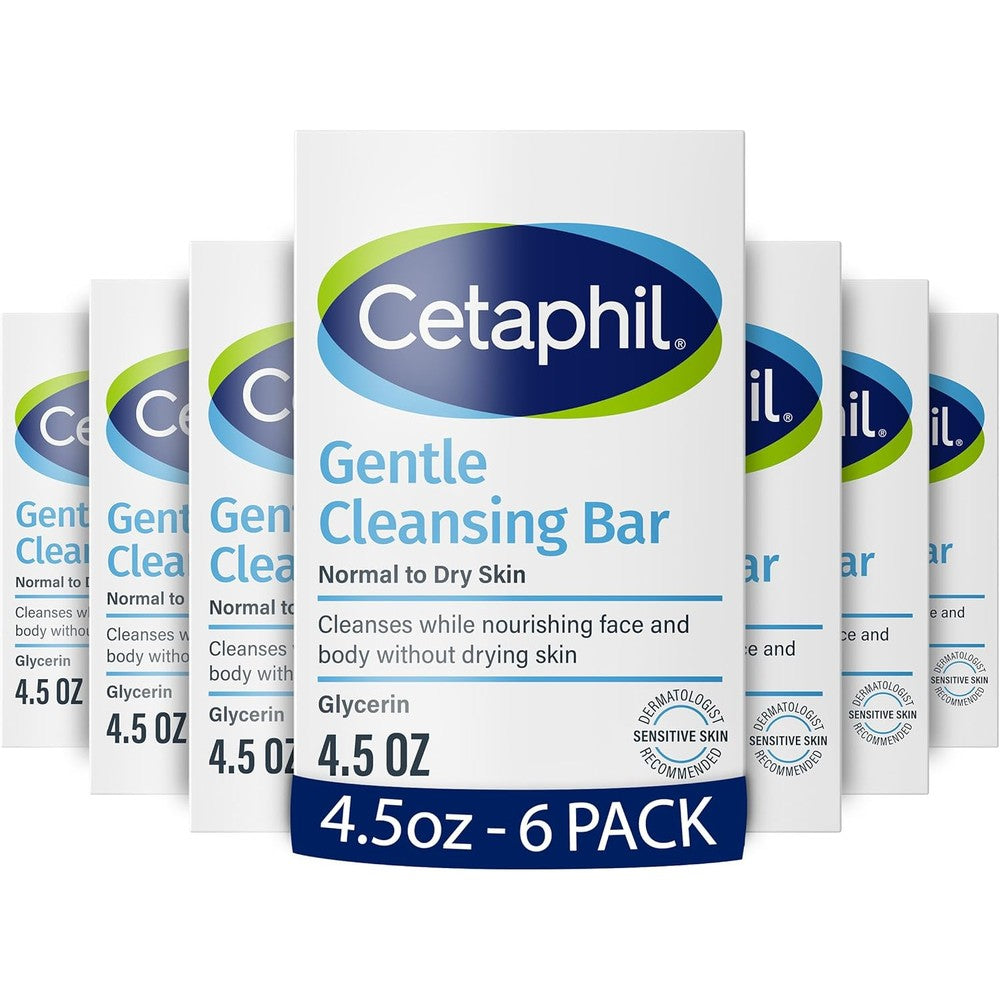Cetaphil Gentle Cleansing Bar pack of six front view showcasing packaging for dry and sensitive skin