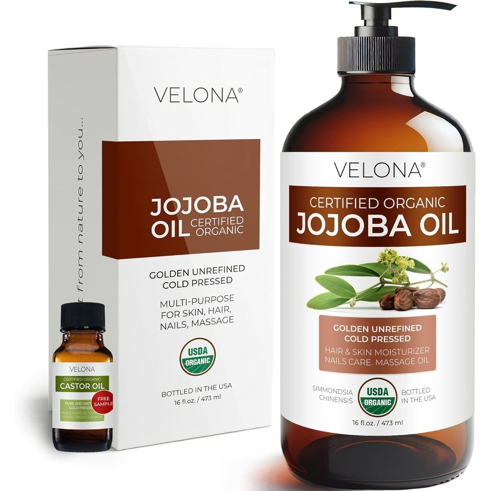 Velona USDA Certified Organic Jojoba Oil 16 Fluid Ounce glass bottle front view