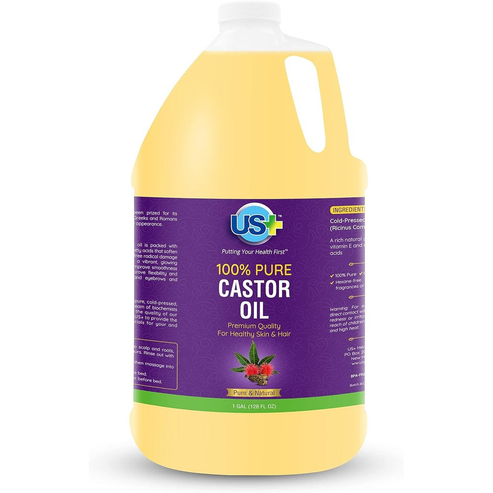 Us Plus 100 percent pure castor oil 1 gallon jug front view