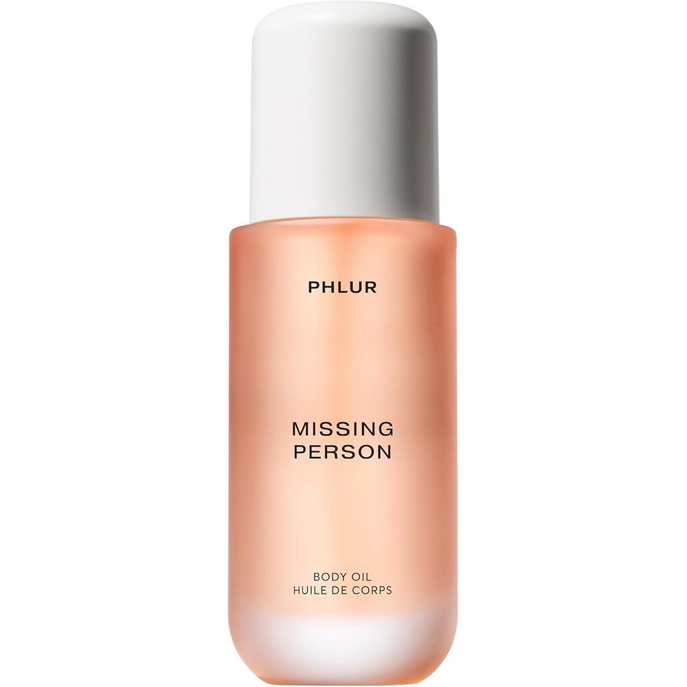 Phlur Missing Person Body Oil front view in frosted glass bottle