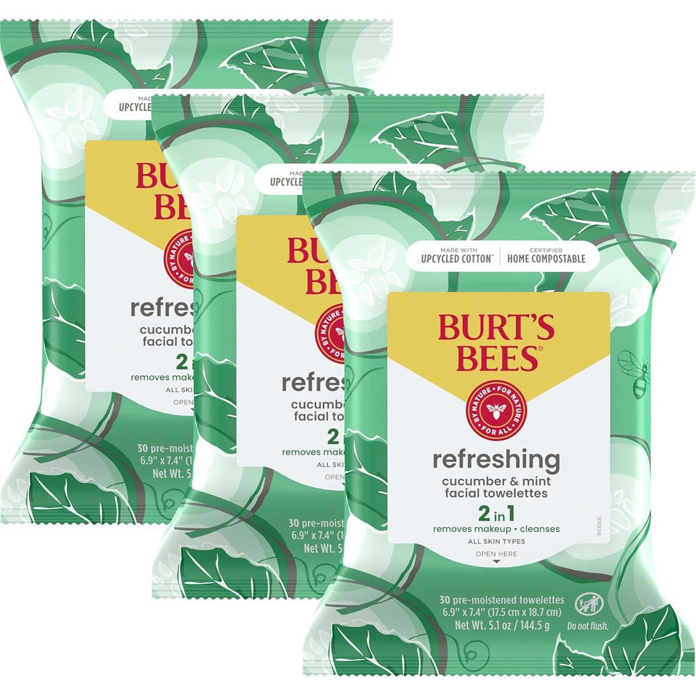 Burt's Bees Cucumber and Mint Face Wipes front view pack of three