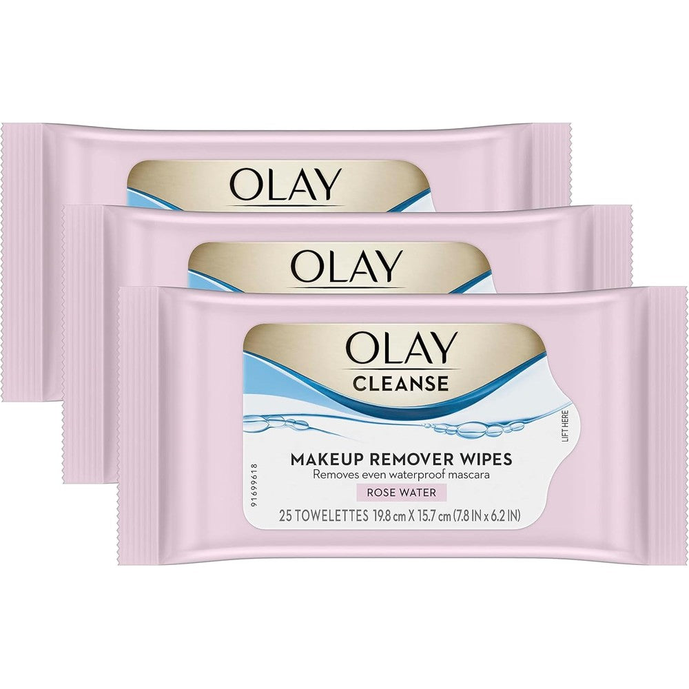 Olay Rose Water makeup remover wipes triple pack for gentle facial cleansing