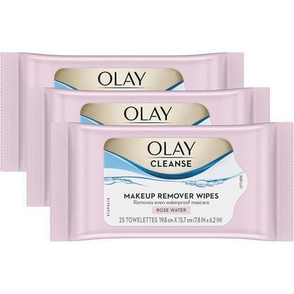 Olay Rose Water makeup remover wipes triple pack for gentle facial cleansing