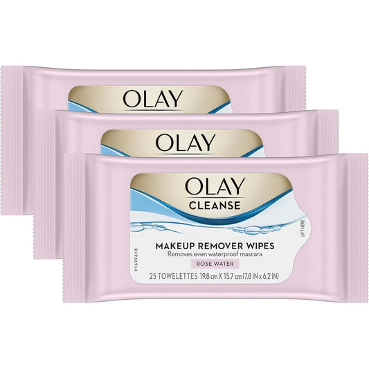 Olay Rose Water makeup remover wipes triple pack for gentle facial cleansing