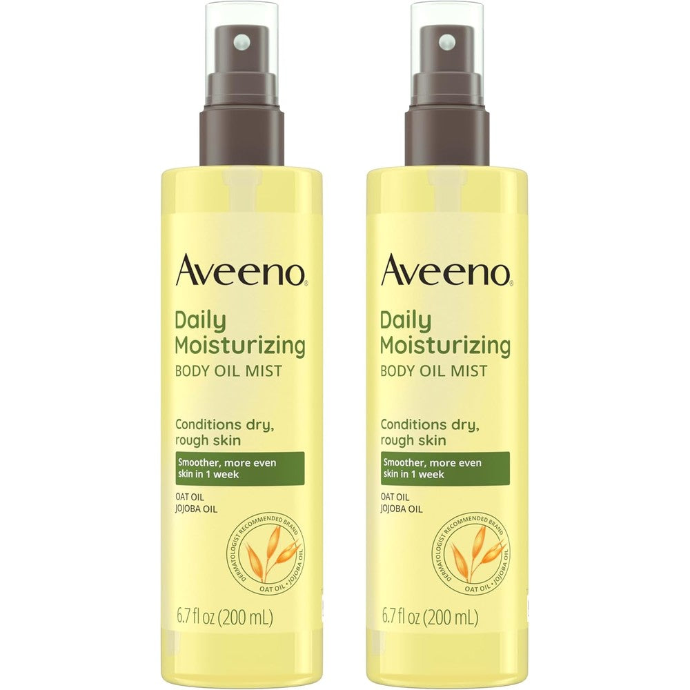 Aveeno Daily Moisturizing Body Oil Mist front view package showcasing oat and jojoba oil formula