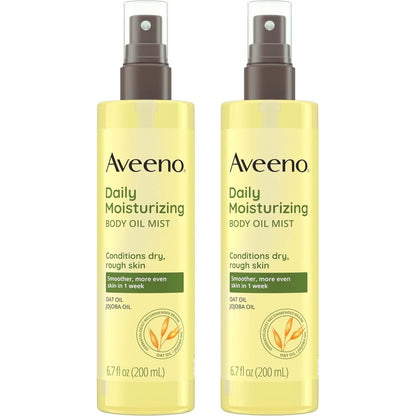 Aveeno Daily Moisturizing Body Oil Mist front view package showcasing oat and jojoba oil formula