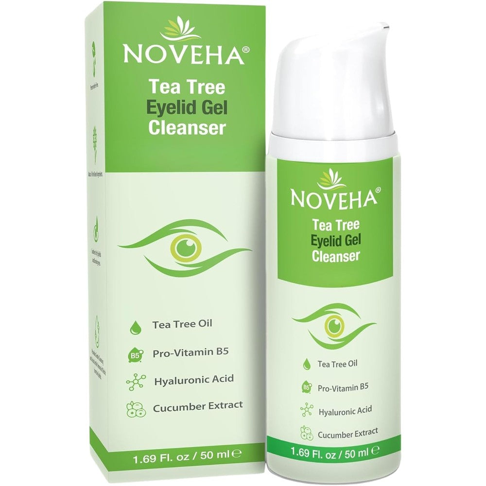 NOVEHA Tea Tree Eyelid Gel Cleanser 50ml bottle for blepharitis and itchy eyelid relief