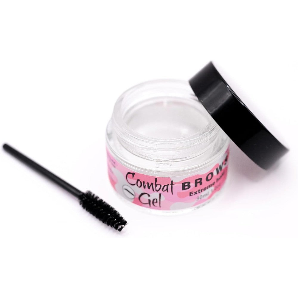 Combat Gel extreme hold brow gel glass jar front view
