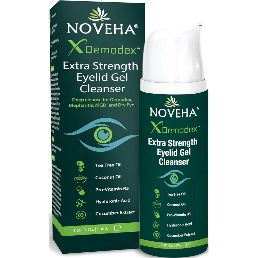 NOVEHA Demodex Extra Strength Eyelid Gel Cleanser 50ml bottle for itchy eyelid relief