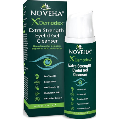 NOVEHA Demodex Extra Strength Eyelid Gel Cleanser 50ml bottle for itchy eyelid relief
