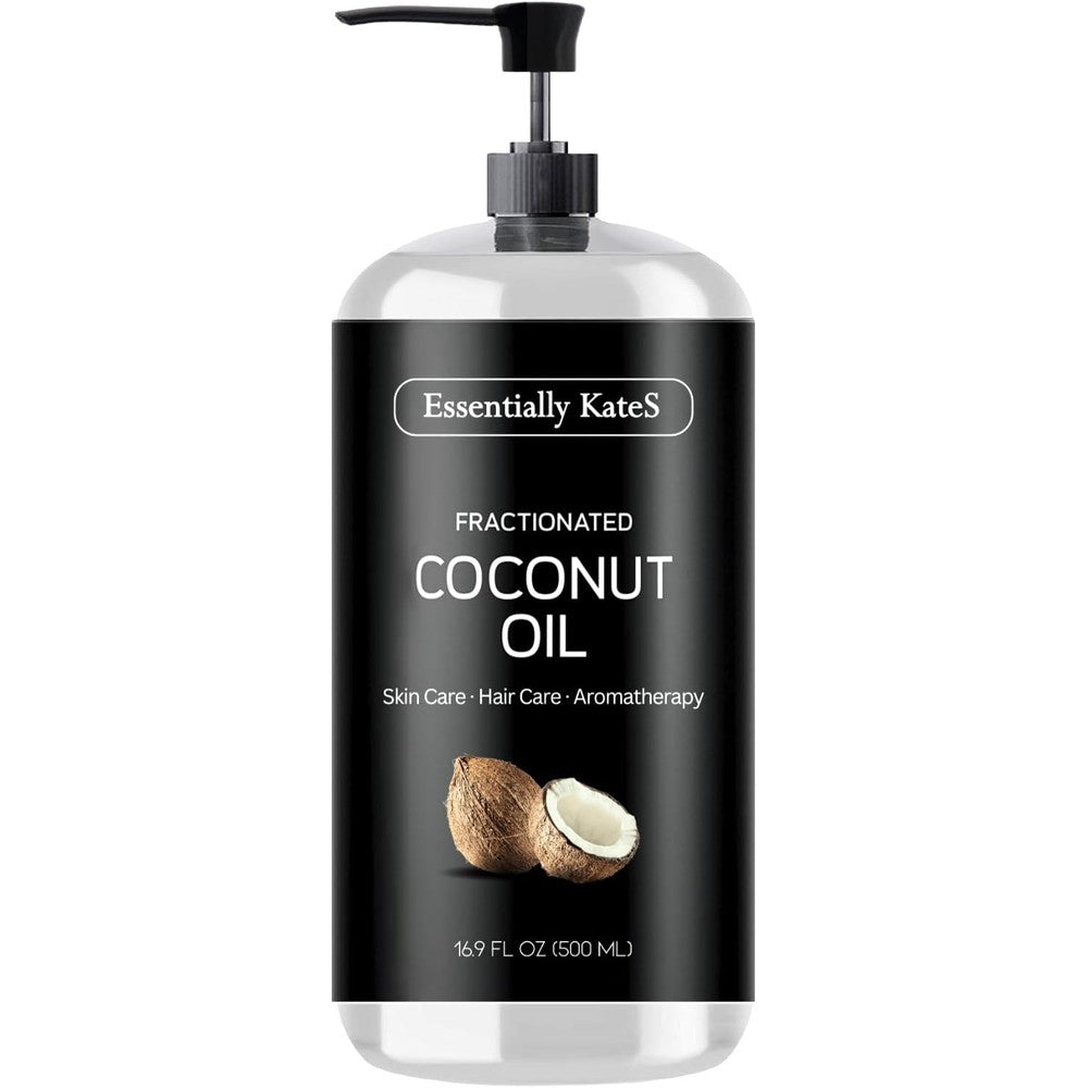Essentially KateS Fractionated Coconut Oil 500ml front view bottle showing clear liquid content.