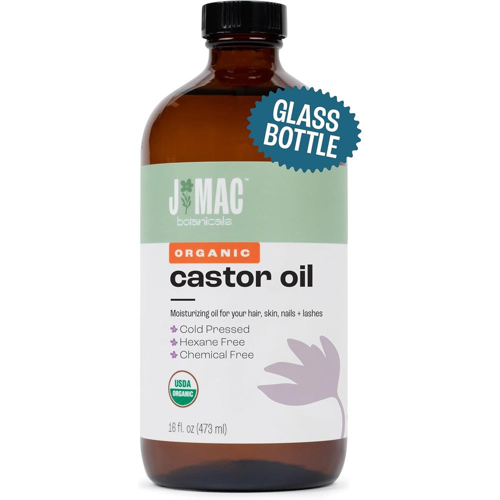 J Mac Botanicals organic castor oil front view in amber glass bottle