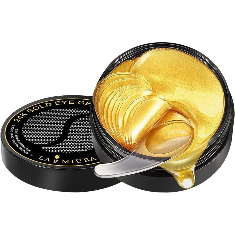 LA MIURA 24K Gold Under Eye Patches front view of the premium packaging jar for treating dark circles.