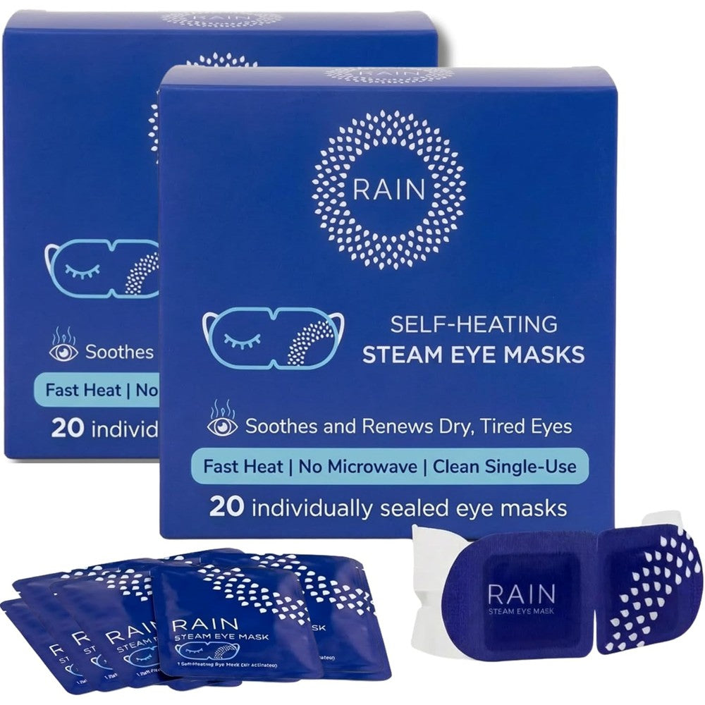 Rain self heating steam eye mask front view packaging