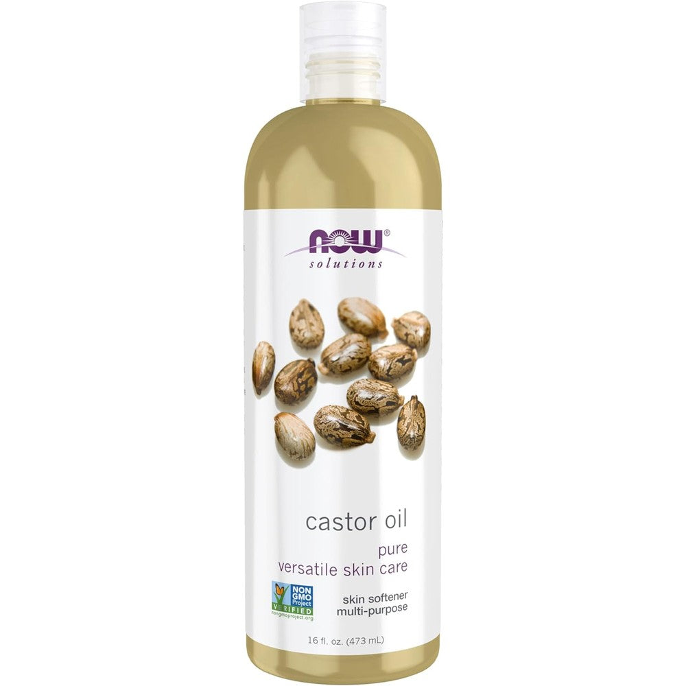 NOW Foods Solutions Castor Oil 16 Ounce front bottle view showing pure skincare oil packaging