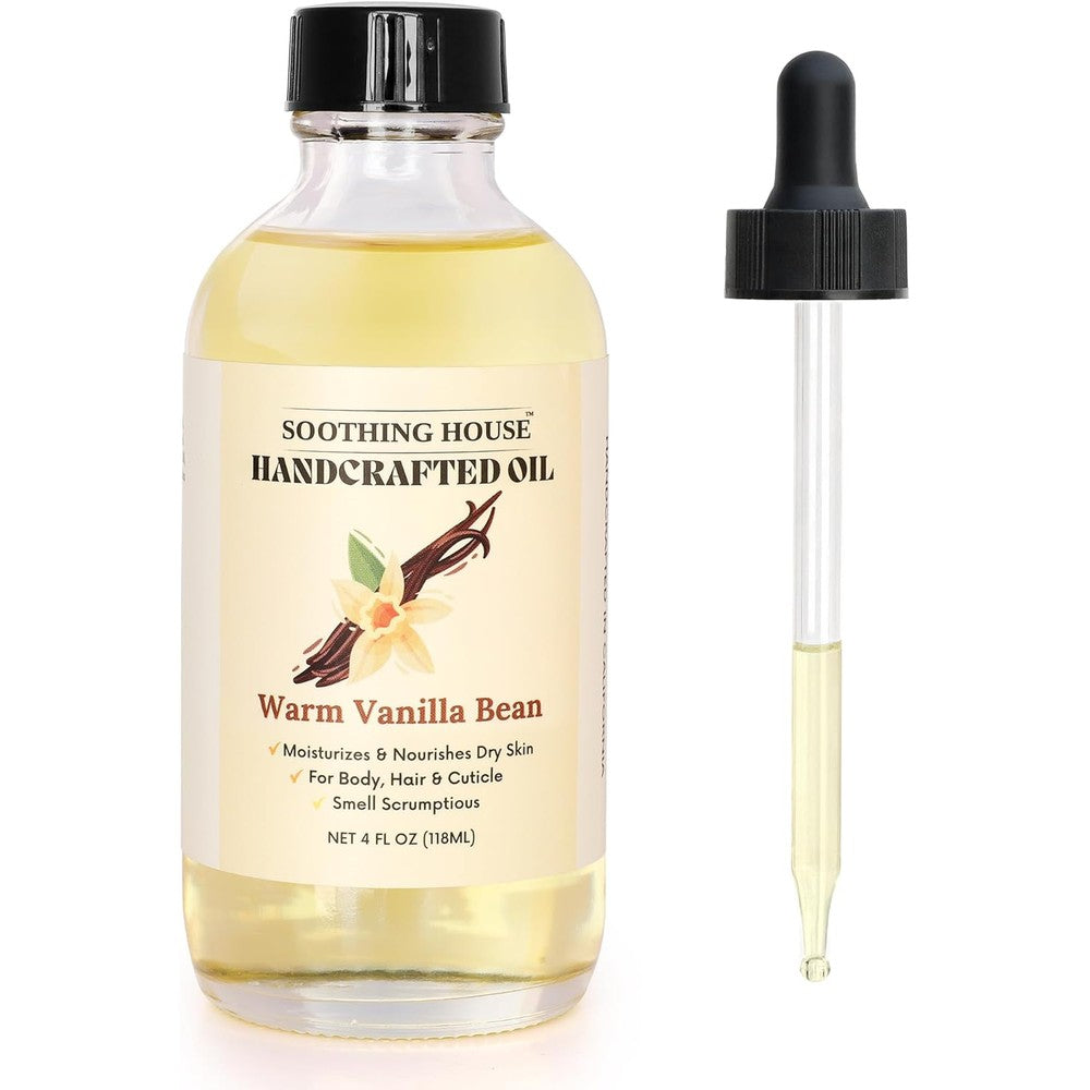 Soothing House Warm Vanilla Bean Body Oil front view in bottle