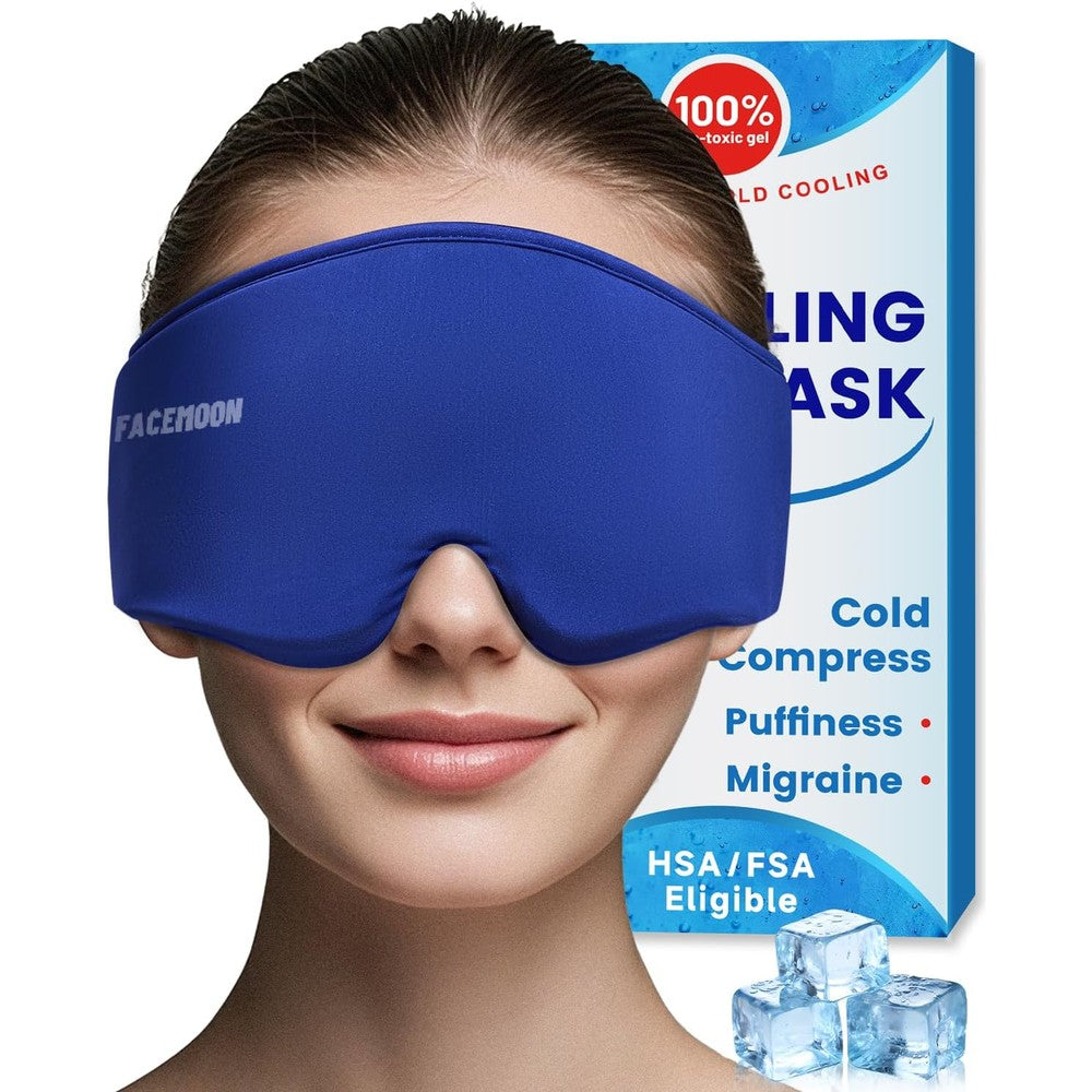 Thrive Facemoon cooling gel eye mask front view showing blue gel beads for cold compress therapy