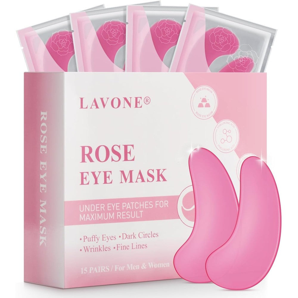 LAVONE Rose Under Eye Patches front view packaging with pink hydrogel patches for dark circles treatment
