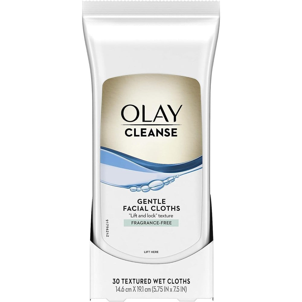 Olay Cleanse Gentle Facial Cloths Fragrance Free 30 Count front packaging
