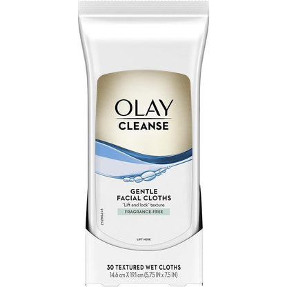 Olay Cleanse Gentle Facial Cloths Fragrance Free 30 Count front packaging