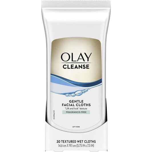 Olay Cleanse Gentle Facial Cloths Fragrance Free 30 Count front packaging
