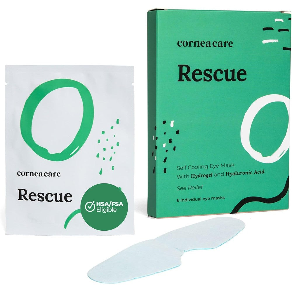 CorneaCare Rescue Hydrogel Self Cooling Compress front view of the packaging box