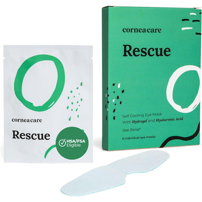 CorneaCare Rescue Hydrogel Self Cooling Compress front view of the packaging box