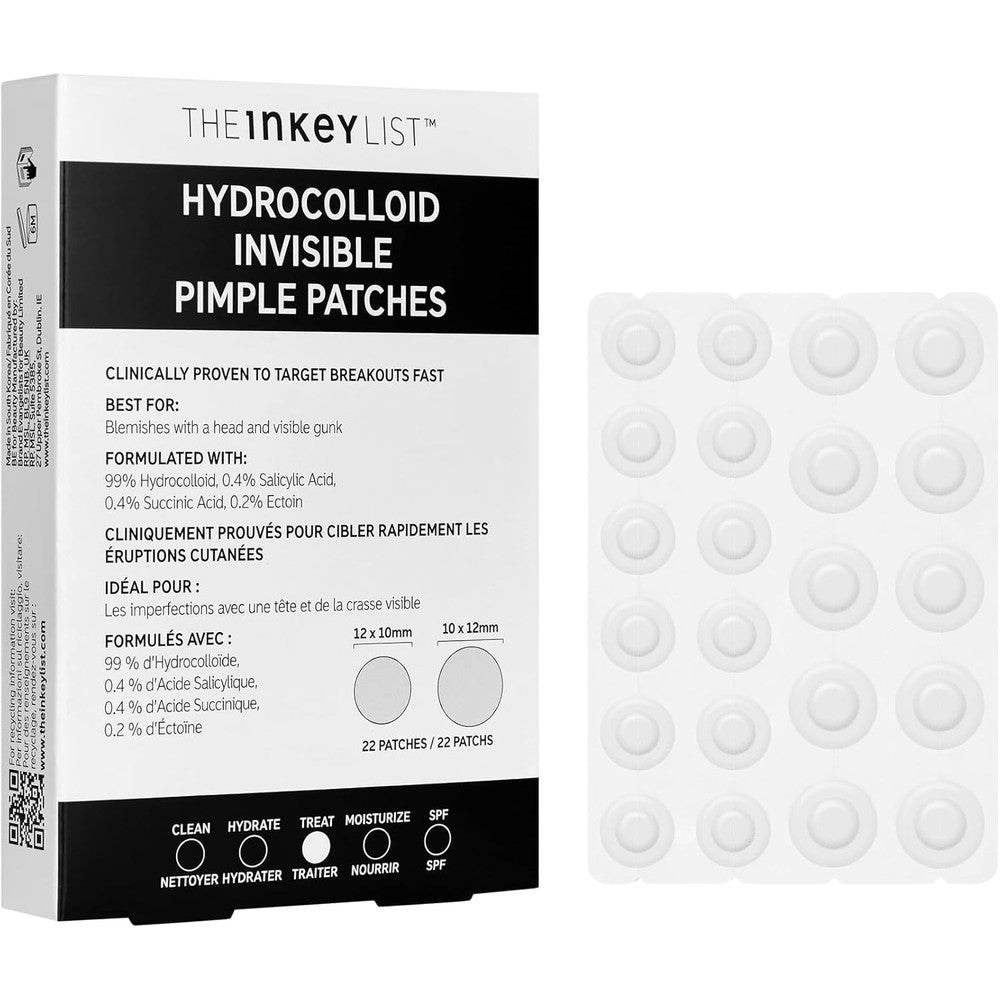 The INKEY List Hydrocolloid Invisible Pimple Patches front view pack of twenty two acne spot treatments