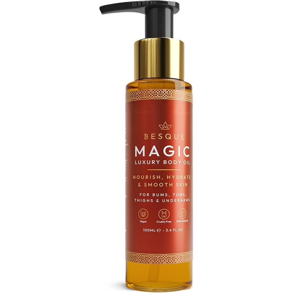 Besque Magic Body Oil bottle front view for luxury skincare