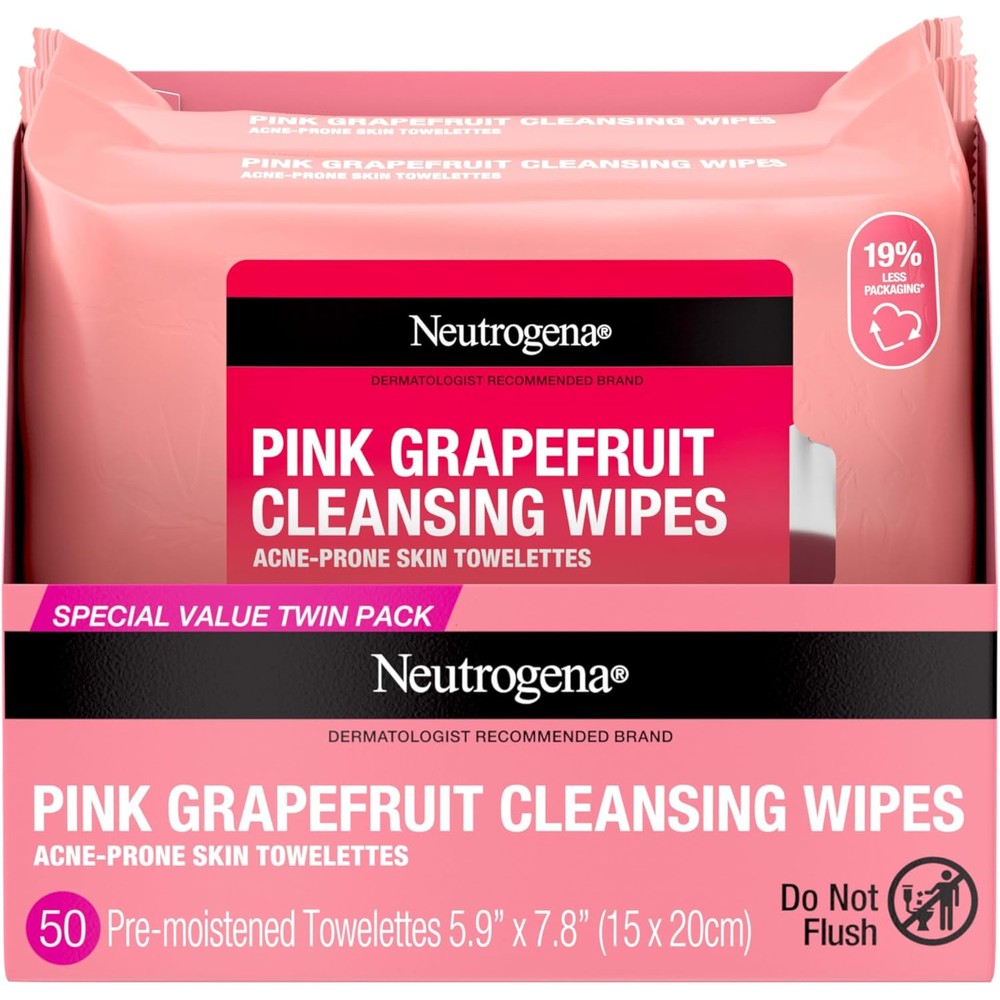 Neutrogena Makeup Remover Cleansing Towelettes Pink Grapefruit front view showing twin pack packaging.