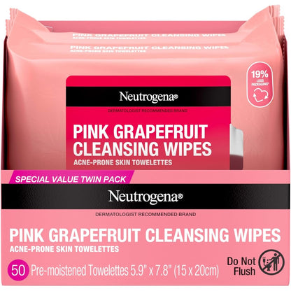 Neutrogena Makeup Remover Cleansing Towelettes Pink Grapefruit front view showing twin pack packaging.