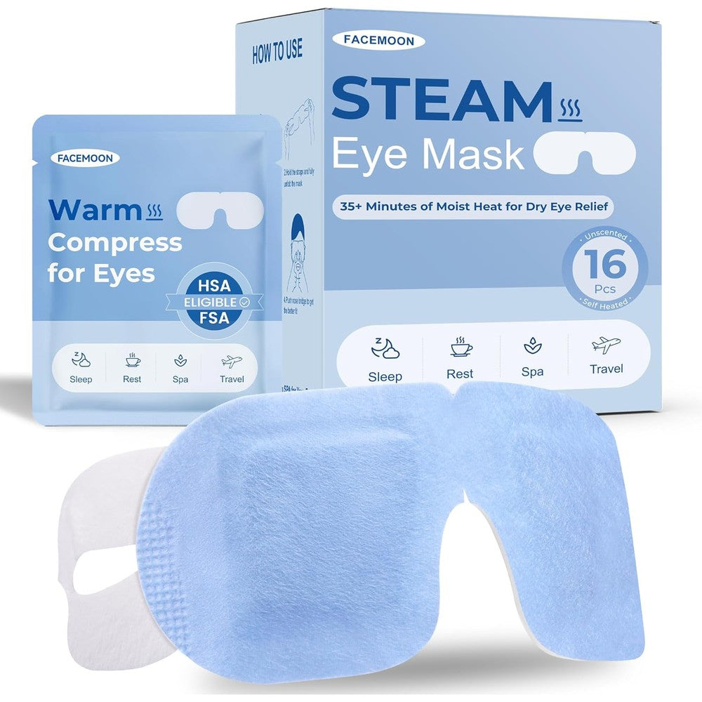 FACEMOON Steam Eye Mask 16 pack front view showcasing premium packaging for dry eye relief