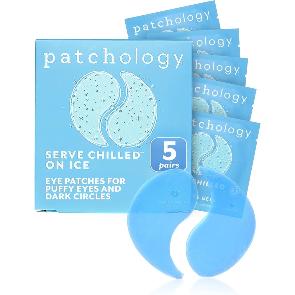 Patchology Serve Chilled On Ice Firming Eye Gels front packaging view showing five pairs box