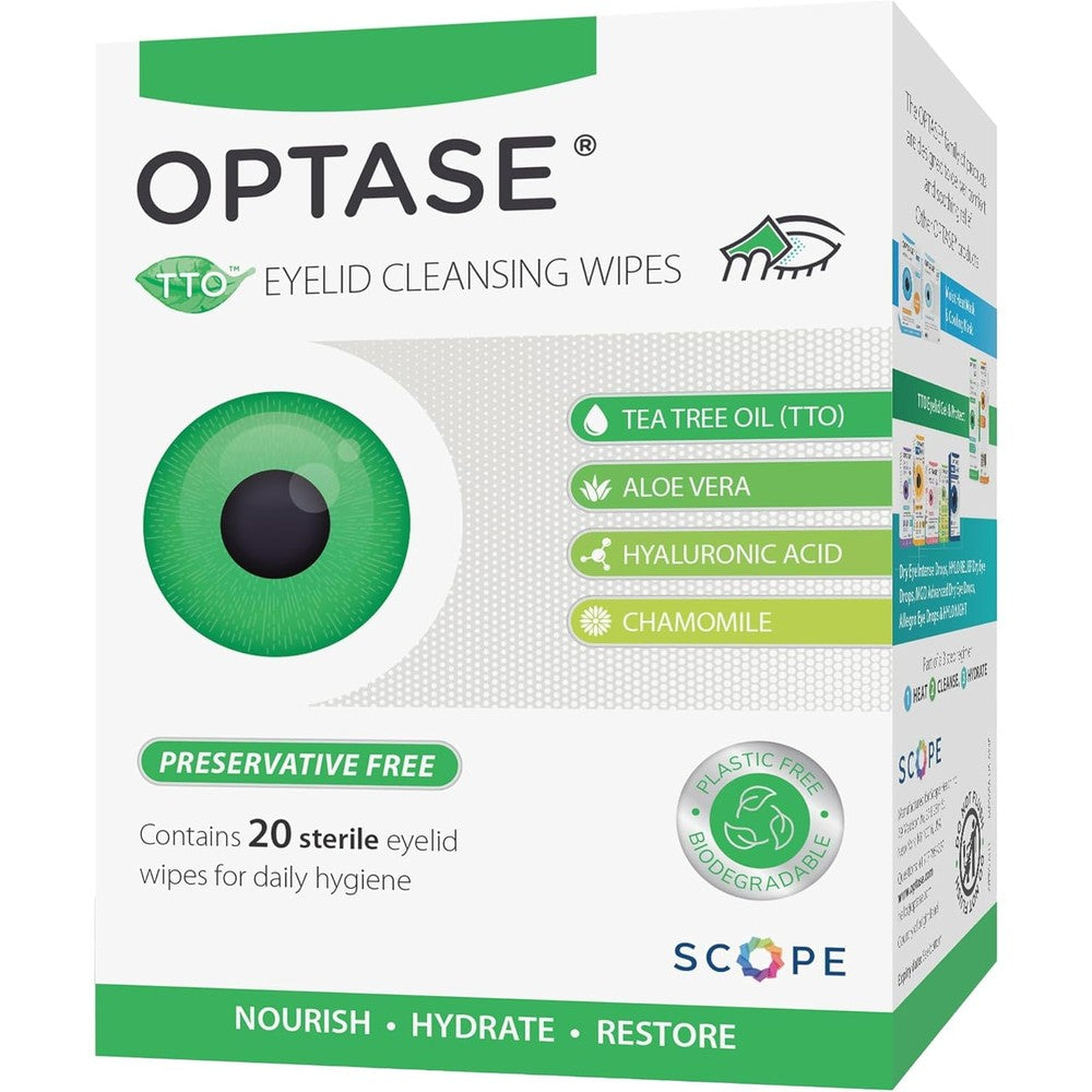 Optase tea tree oil eyelid cleansing wipes front packaging view