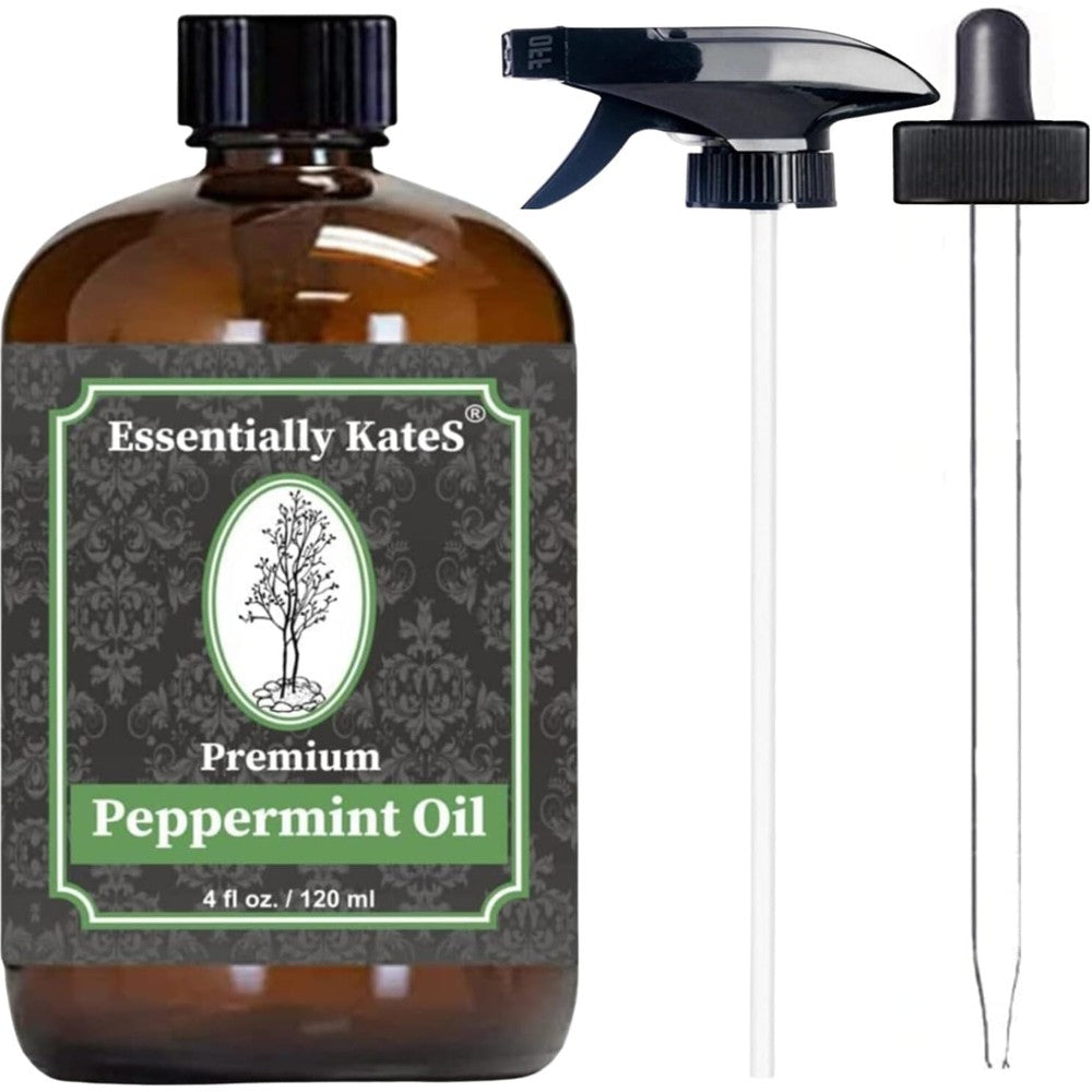 Essentially KateS Peppermint Essential Oil 4 Ounce bottle front view with glass dropper and spray dispenser accessory on a clean background