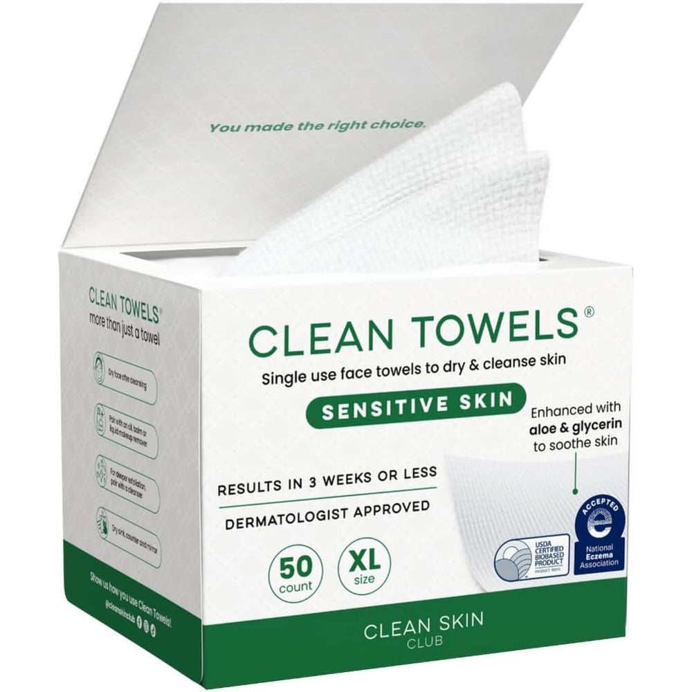 Clean Skin Club sensitive skin face towels feature a soothing aloe infusion.