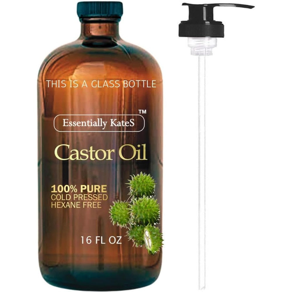 Essentially KateS Castor Oil 16 Fluid Ounce glass bottle front view showing pure premium packaging