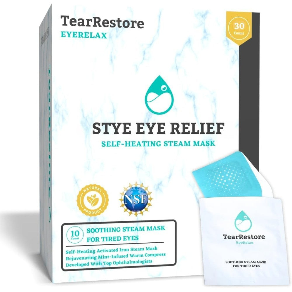 TearRestore EyeRelax Heated Eye Mask box front view for authentic dry eye relief packaging